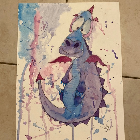 Unframed Original Art Watercolour Fun Cartoon Illustration of Dragon w Spatter - Picture 3 of 5